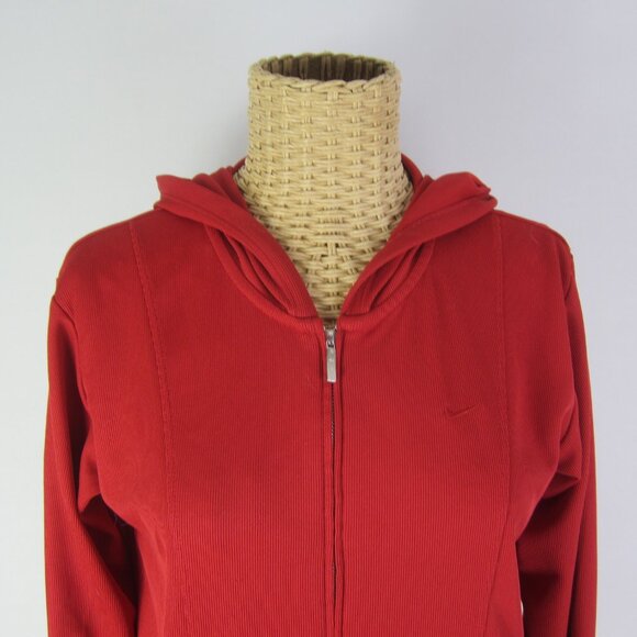 Nike Dri Fit Women S Red LS Hooded Running Athletic Short Full Zip Jacket - Picture 6 of 10